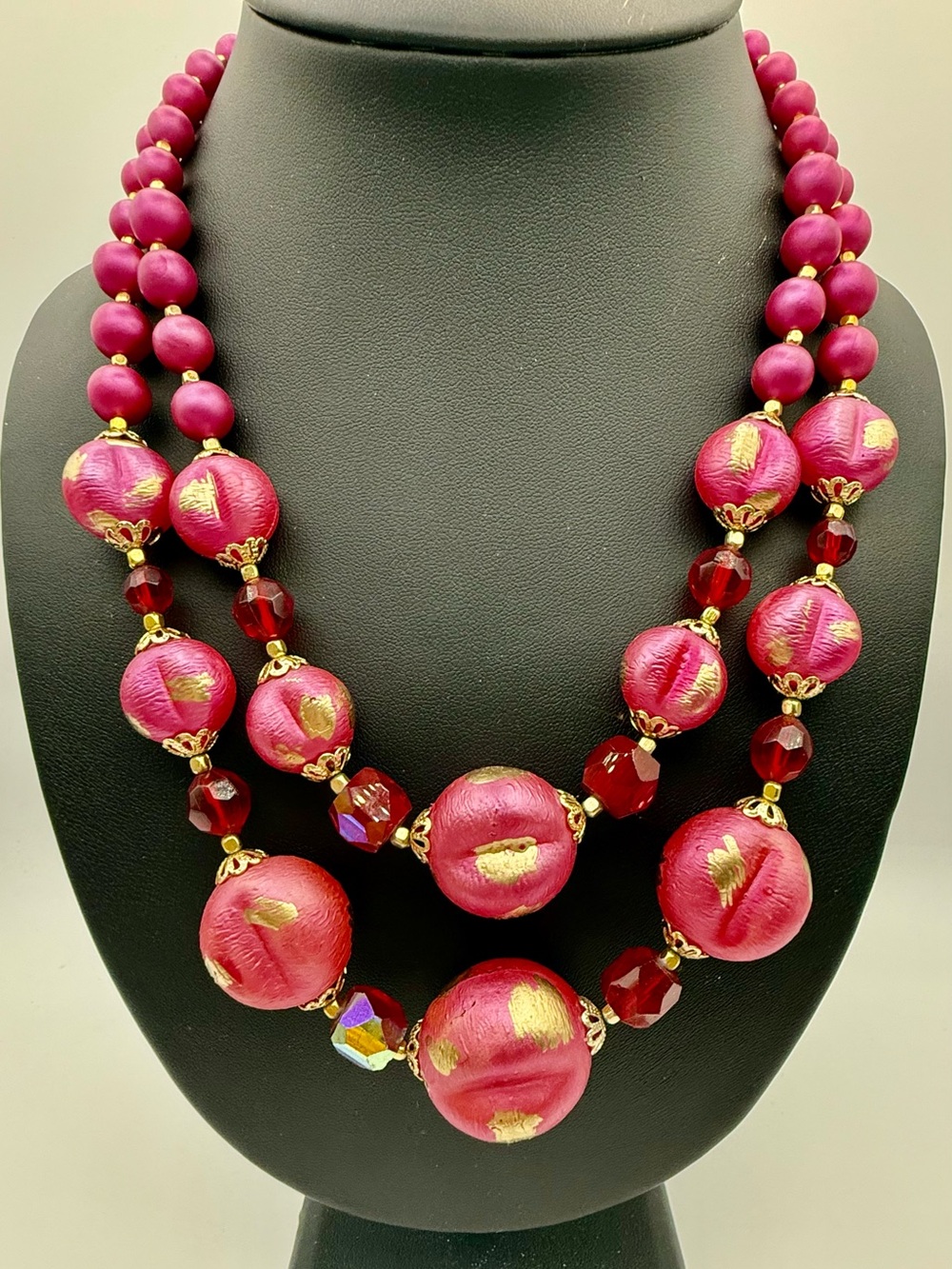 Vintage Japan Pink Faux Pearl Multi Strand Statement Necklace 1950s 1960s
